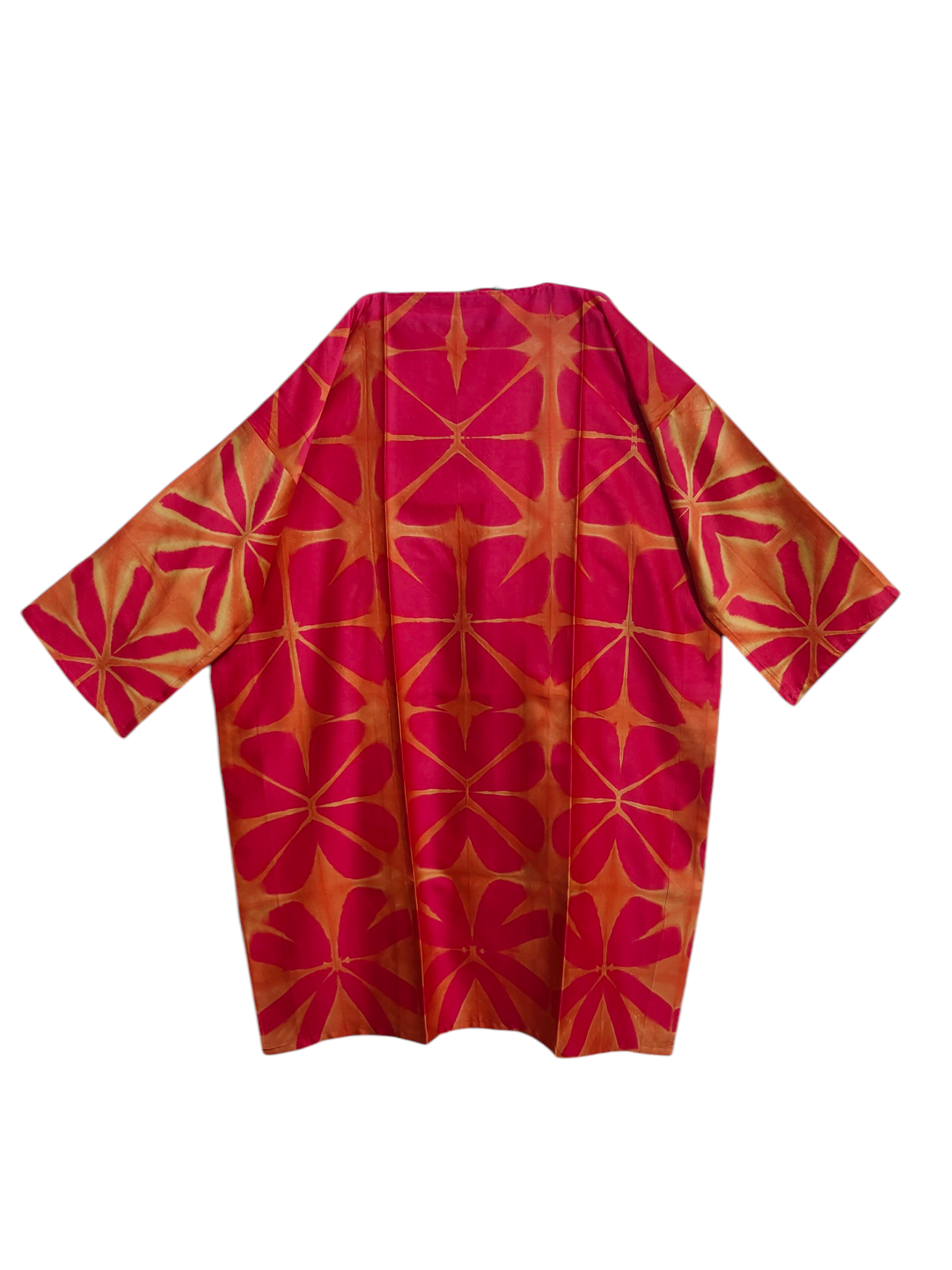 Pink and orange patterned kurta on a white background