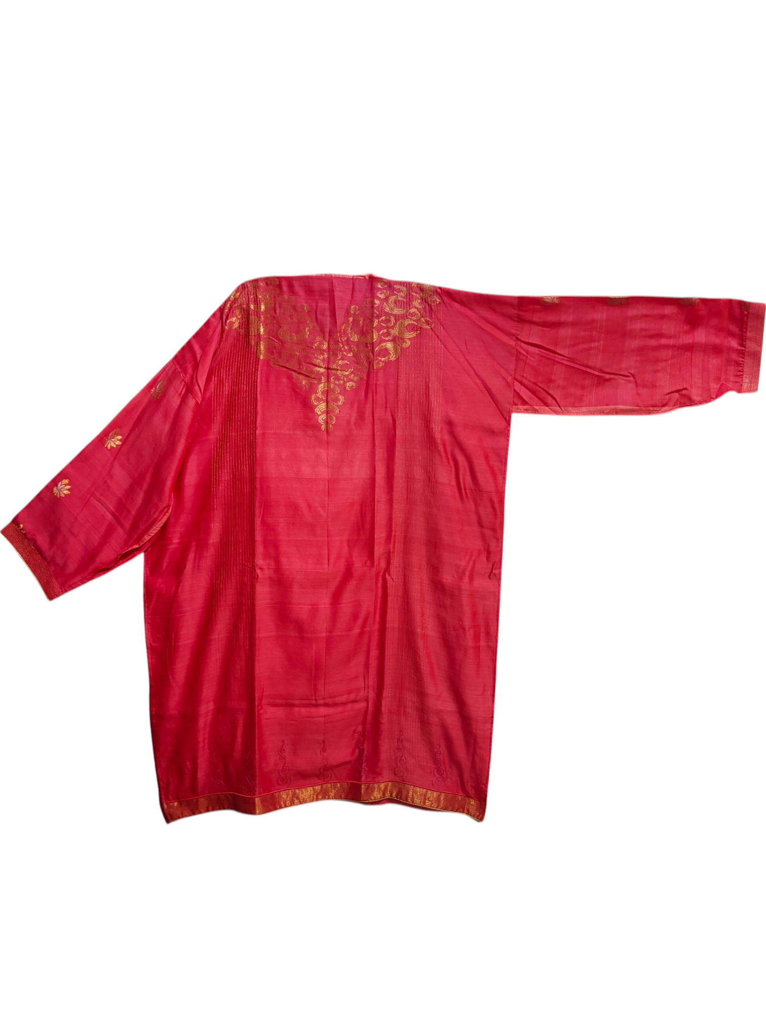 Pink kurta with gold embroidery on a white background
