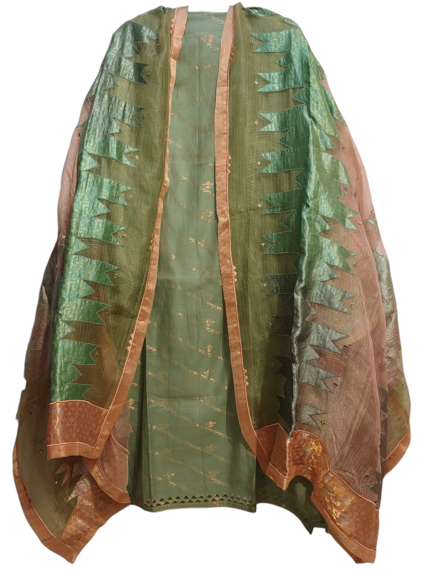Green kurta and brown dupatta on a white background