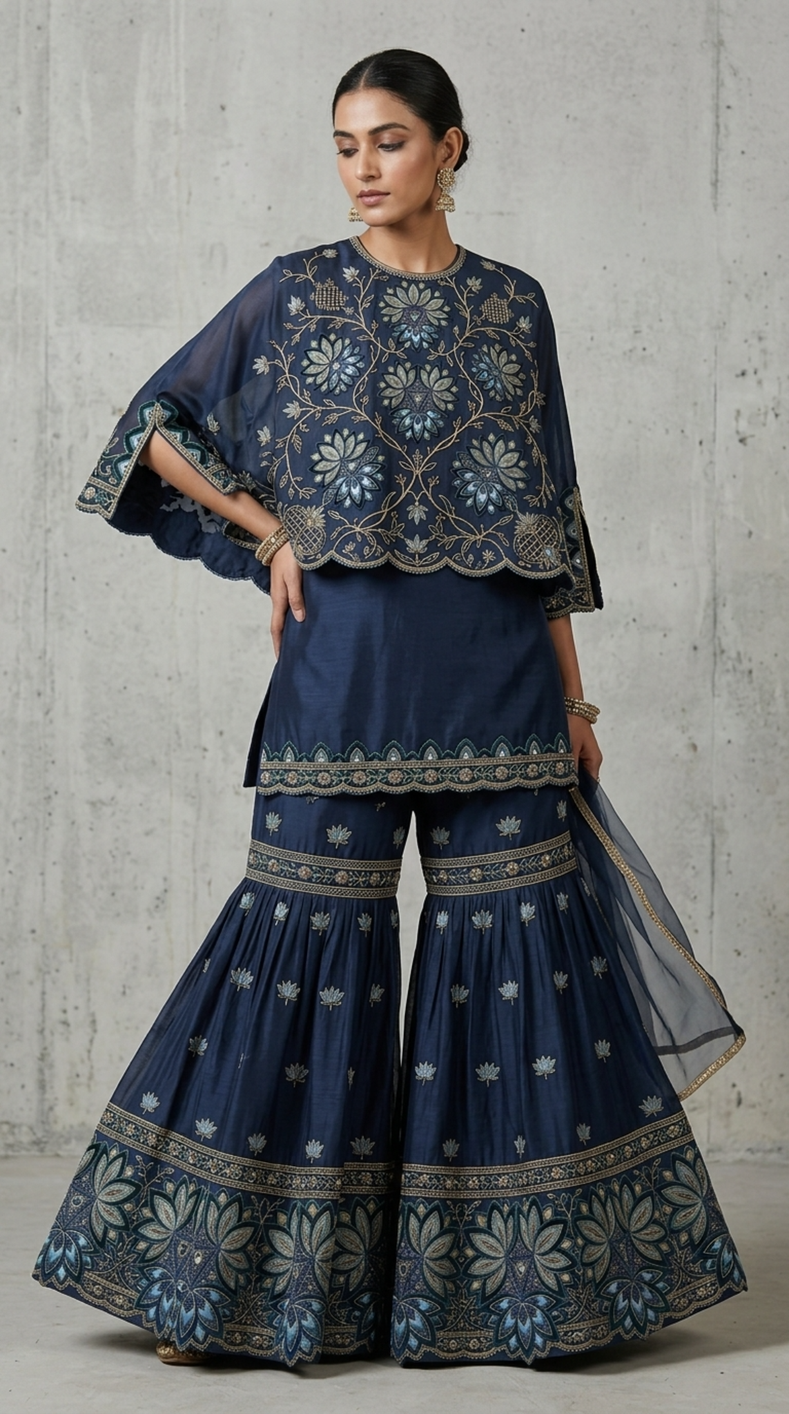 Midnight Blue Embroidered Georgette | Couture Sharara Set
