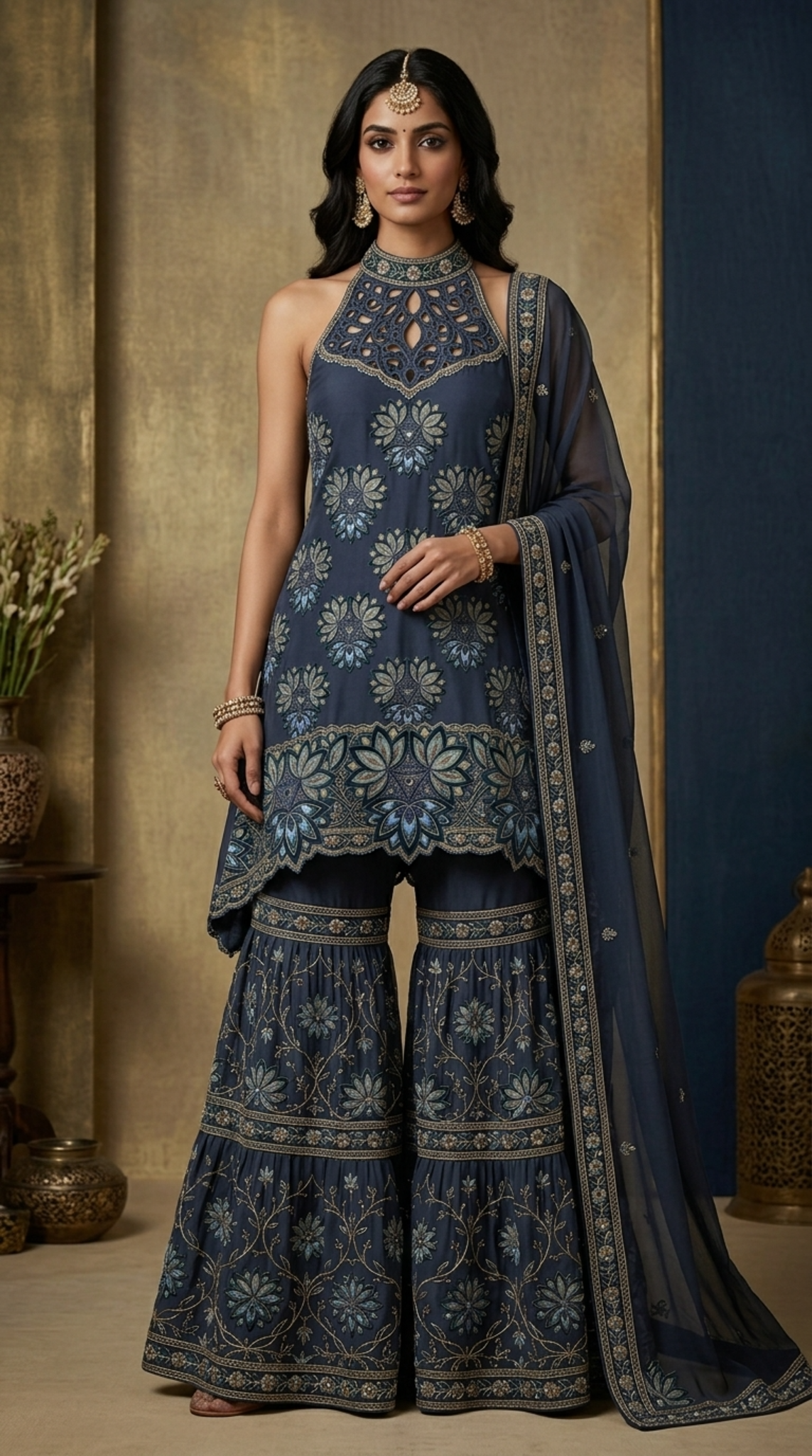 Midnight Blue Embroidered Georgette | Couture Sharara Set