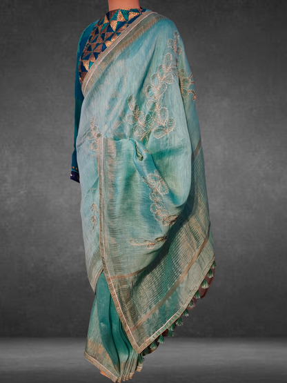 Formal Silk linen saree with french knots