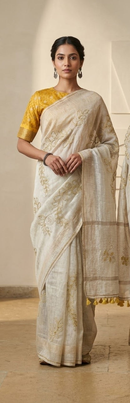 Formal silk linen embroidered Saree