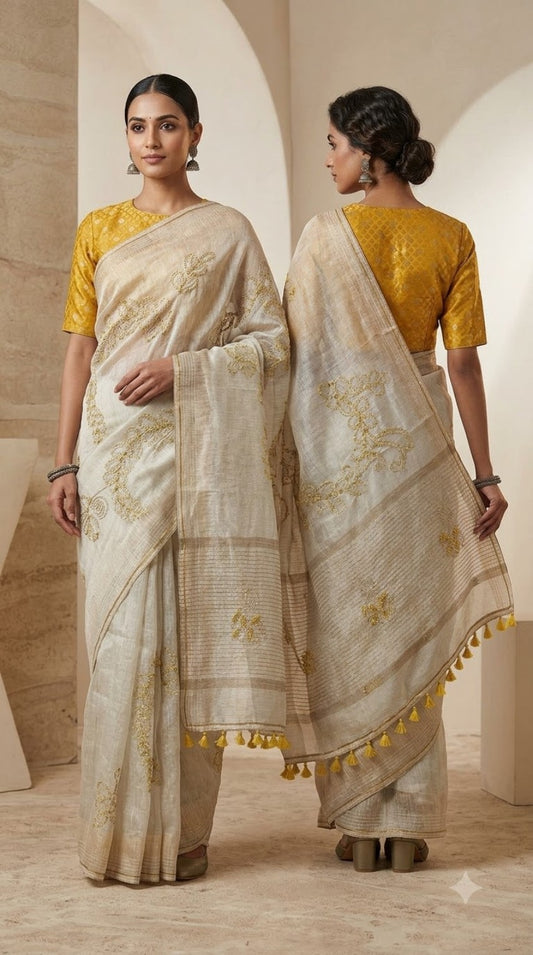 Formal silk linen embroidered Saree