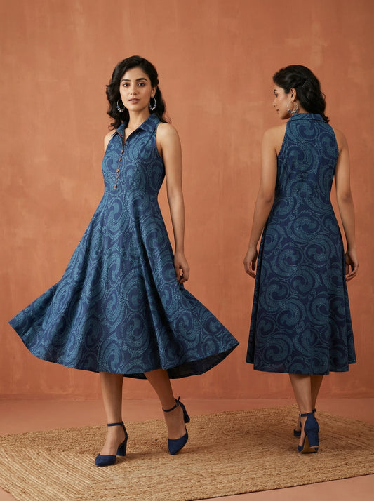 Stitched Cotton Indigo blockprinted sleeveless Frock