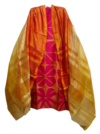 Orange and pink patterned kurta with a white background