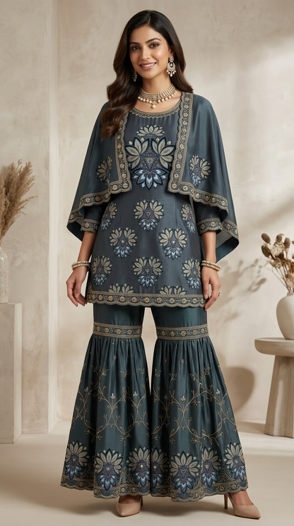 Deep Plum Floral Embroidered Georgette | Couture Sharara Set