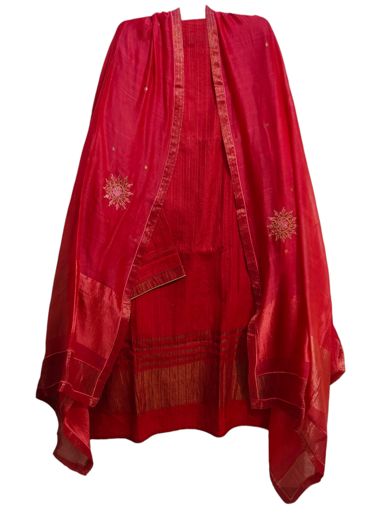 Red traditional suit with embroidered details on a white background