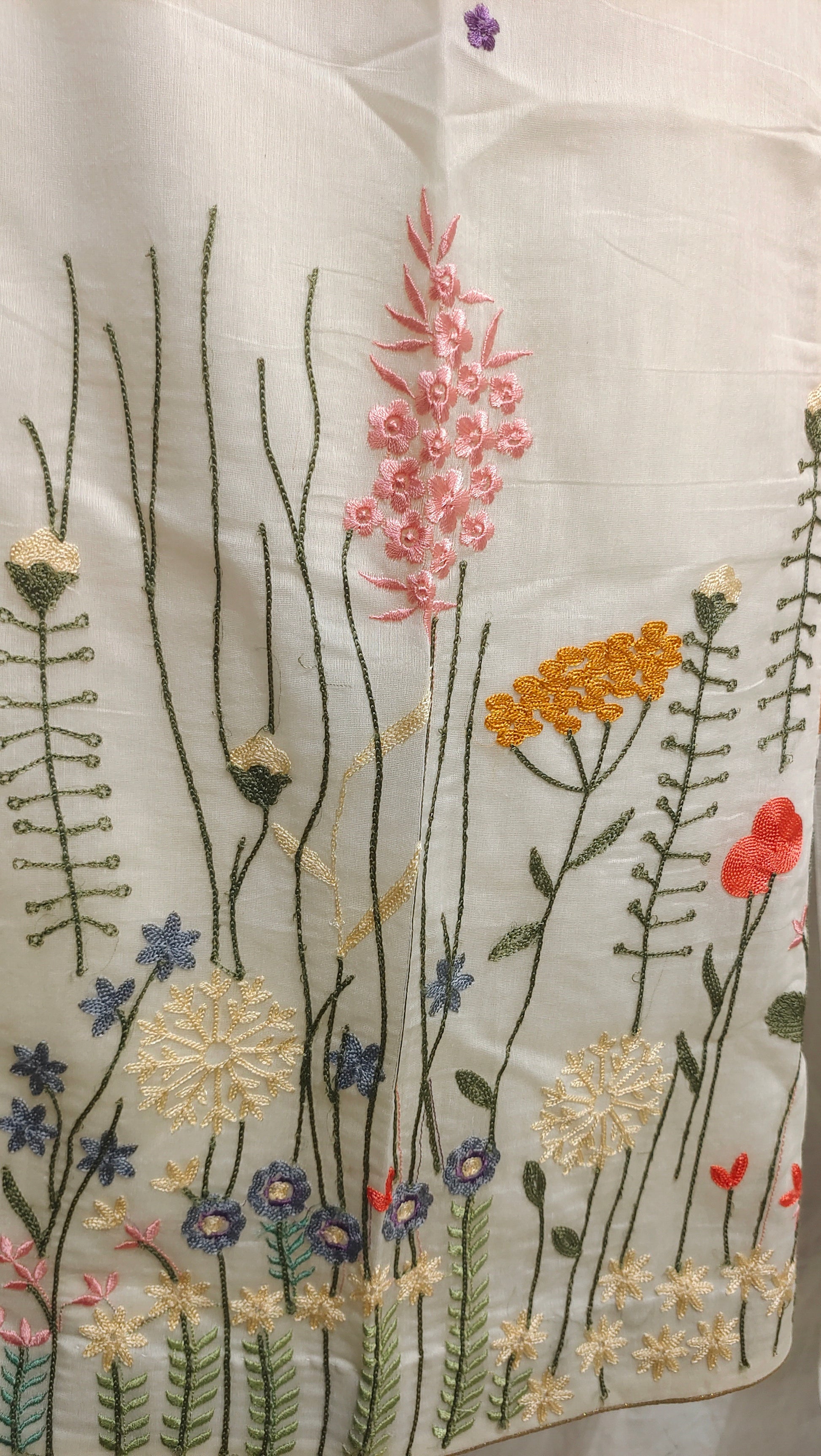 Embroidered fabric with floral patterns on a white background