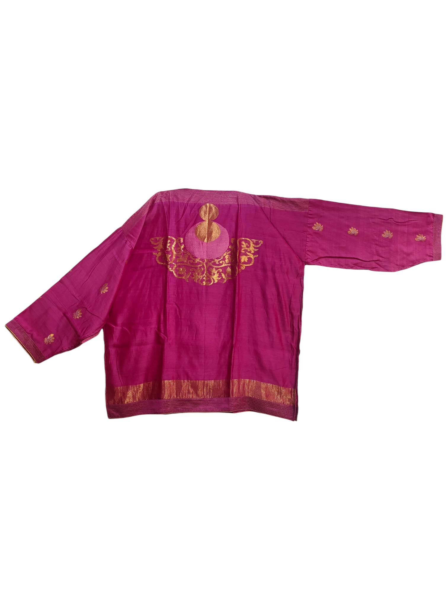 Pink traditional garment with gold embroidery on a white background