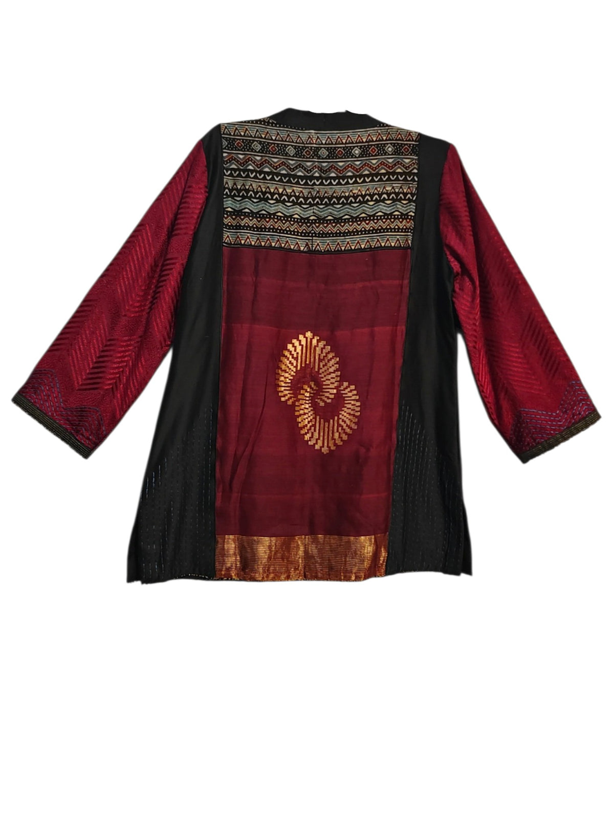Formal Saanjh Maroon Black Ajrakh Chanderi Midlength Jacket