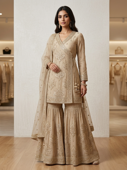Lotus Embroidered Angrakha| Couture Sharara Set
