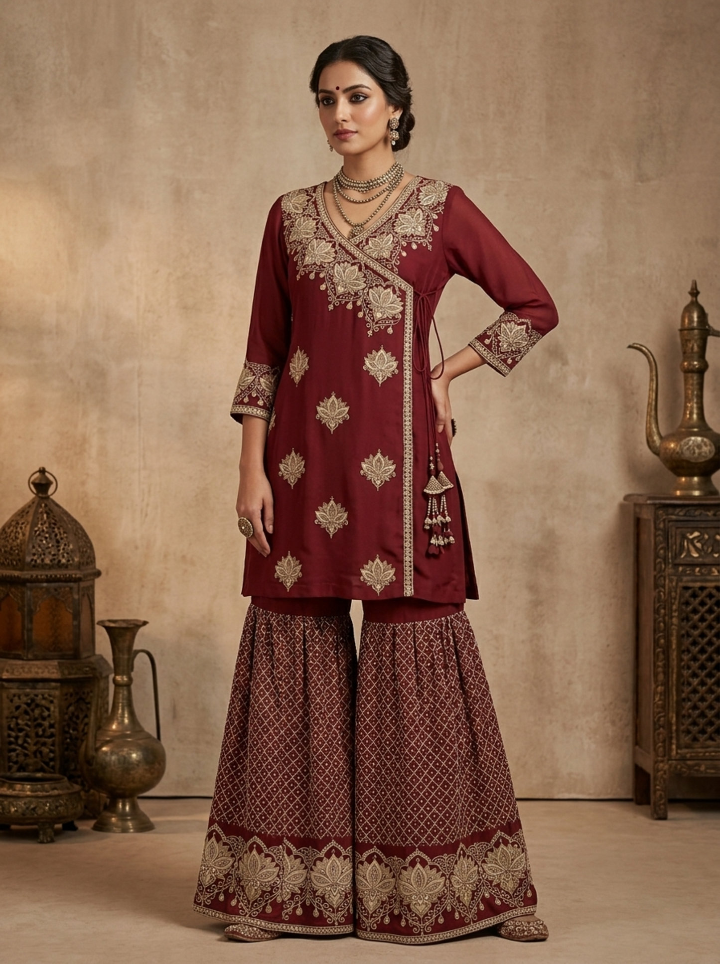 Heritage Maroon Angrakha  | Couture Sharara Set