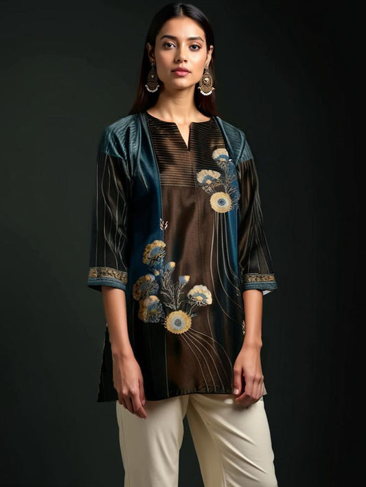 Semistitched Chanderi Ajrakh Short Tunic