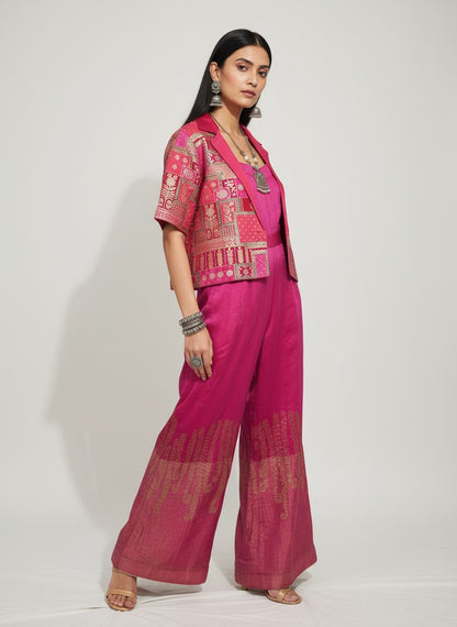 Semi Stitched Chanderi dress with cropped blazer