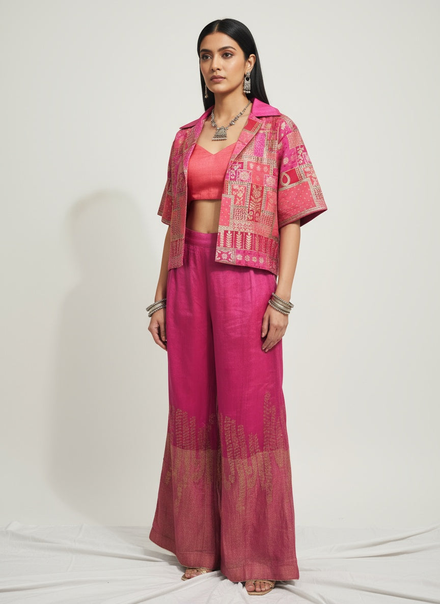 Semi Stitched Chanderi dress with cropped blazer