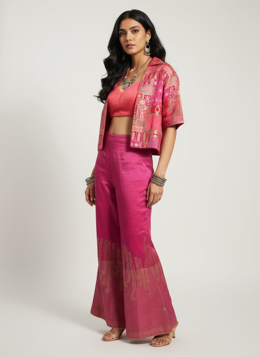 Semi Stitched Chanderi dress with cropped blazer