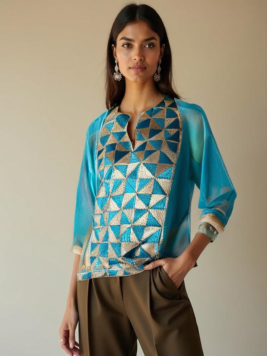 Contemporary Designer Chanderi Croptop Blouse - Semi-stitched with Fulkari Embroidery