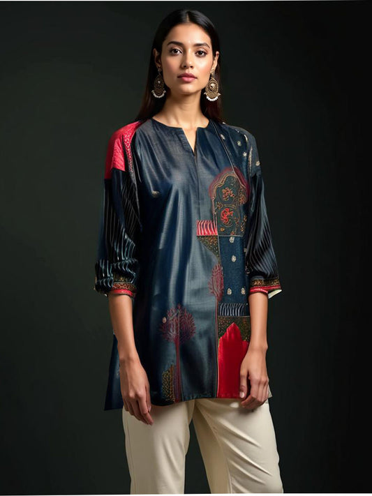 Semistitched Chanderi Ajrakh Short Tunic