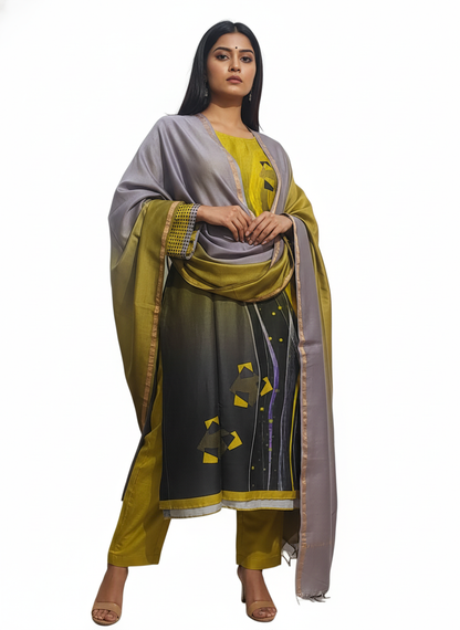 Semi Stitched Chanderi Casual Suitset