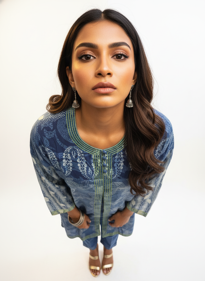 Semi Stitched Cotton Indigo blockprinted Kurta