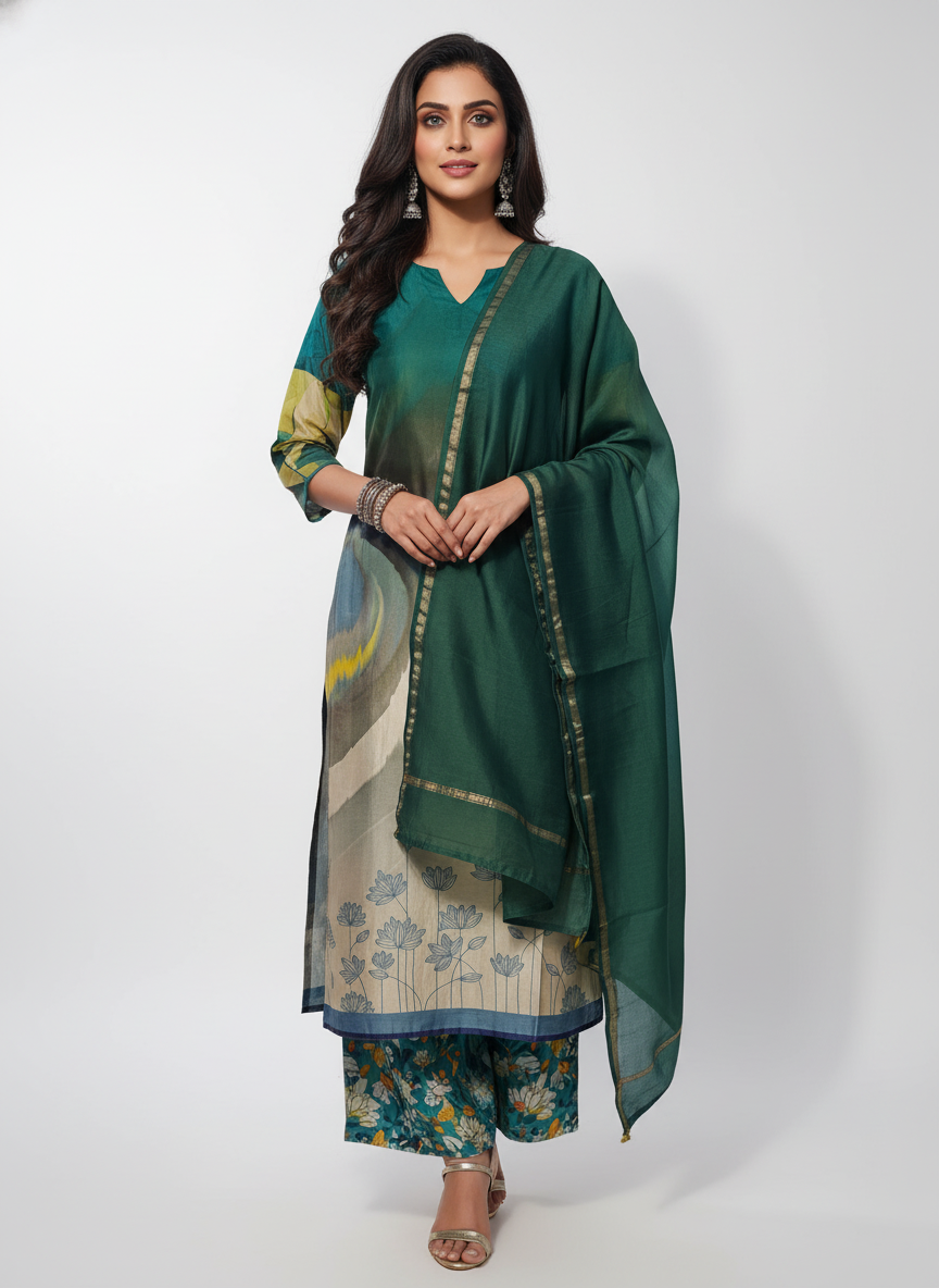 Semi Stitched Chanderi Casual Suitset