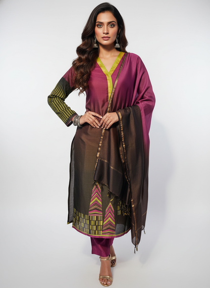 Semi Stitched Chanderi Casual Suitset