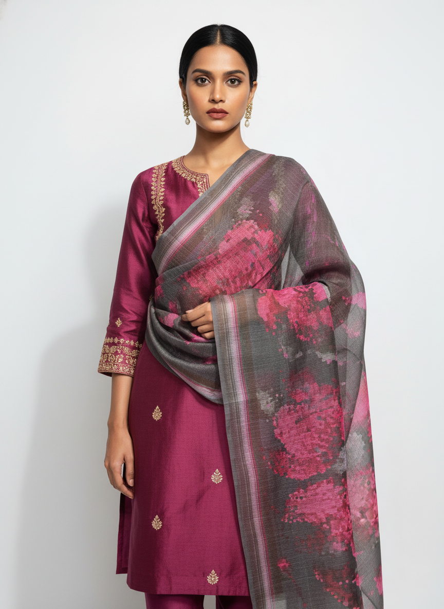Printed silk linen Dupatta