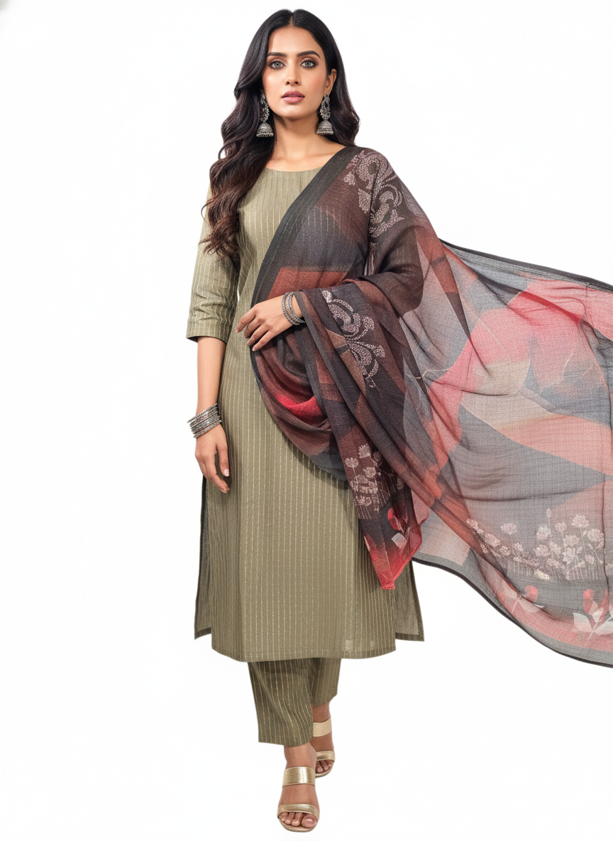 Semi Stitched Chanderi Casual Suitset
