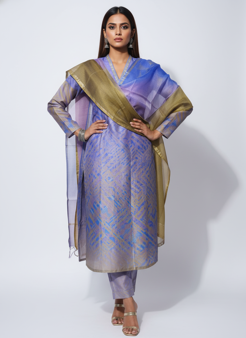 Semi Stitched Chanderi Casual Suitset
