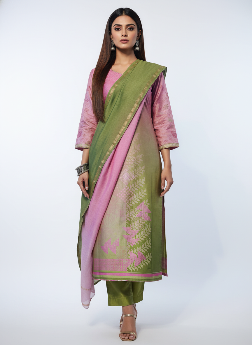 Semi Stitched Chanderi Casual Suitset