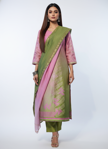 Semi Stitched Chanderi Casual Suitset