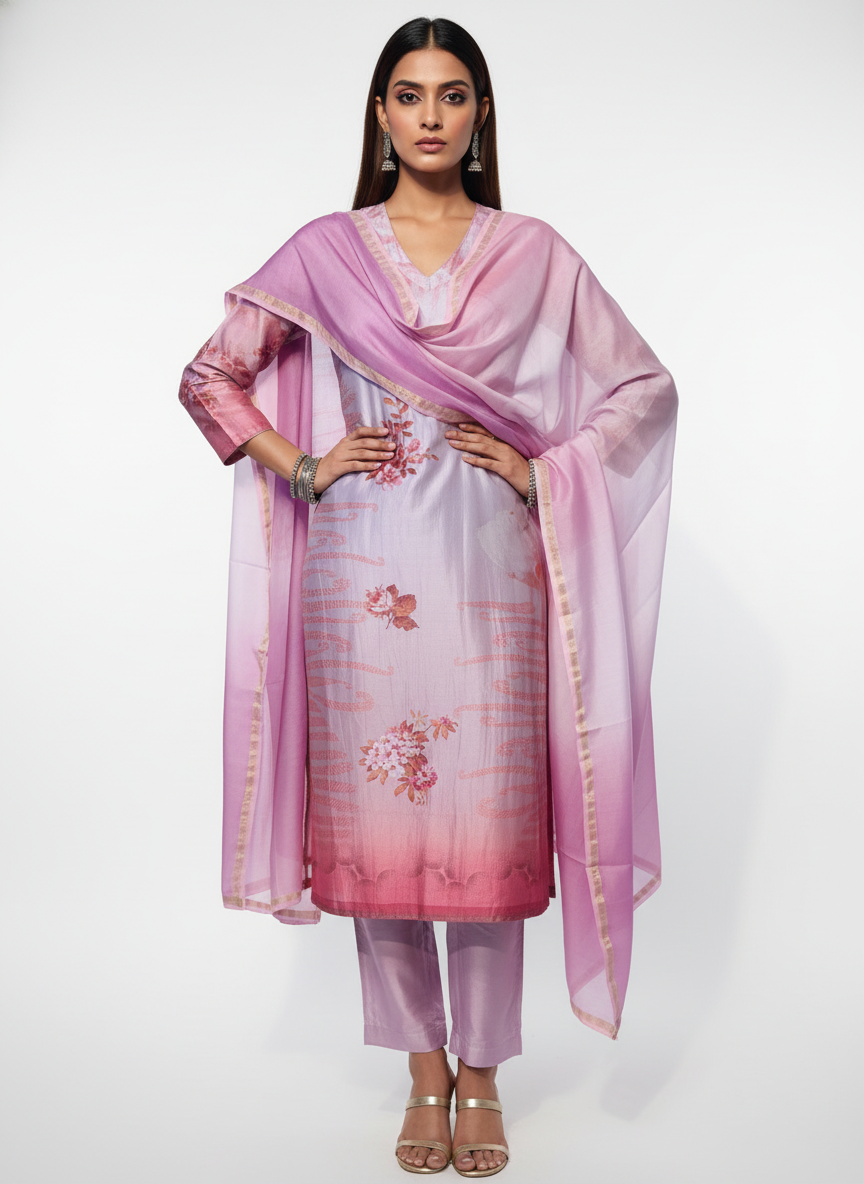 Semi Stitched Chanderi Casual Suitset
