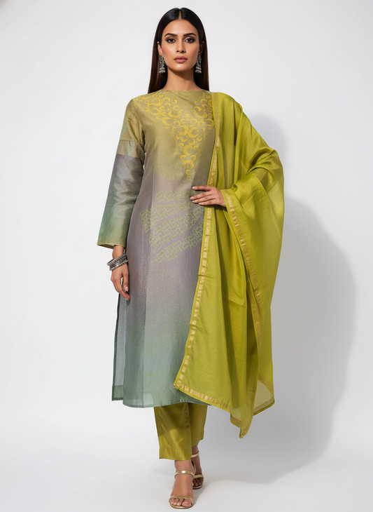 Semi Stitched Chanderi Casual Suitset