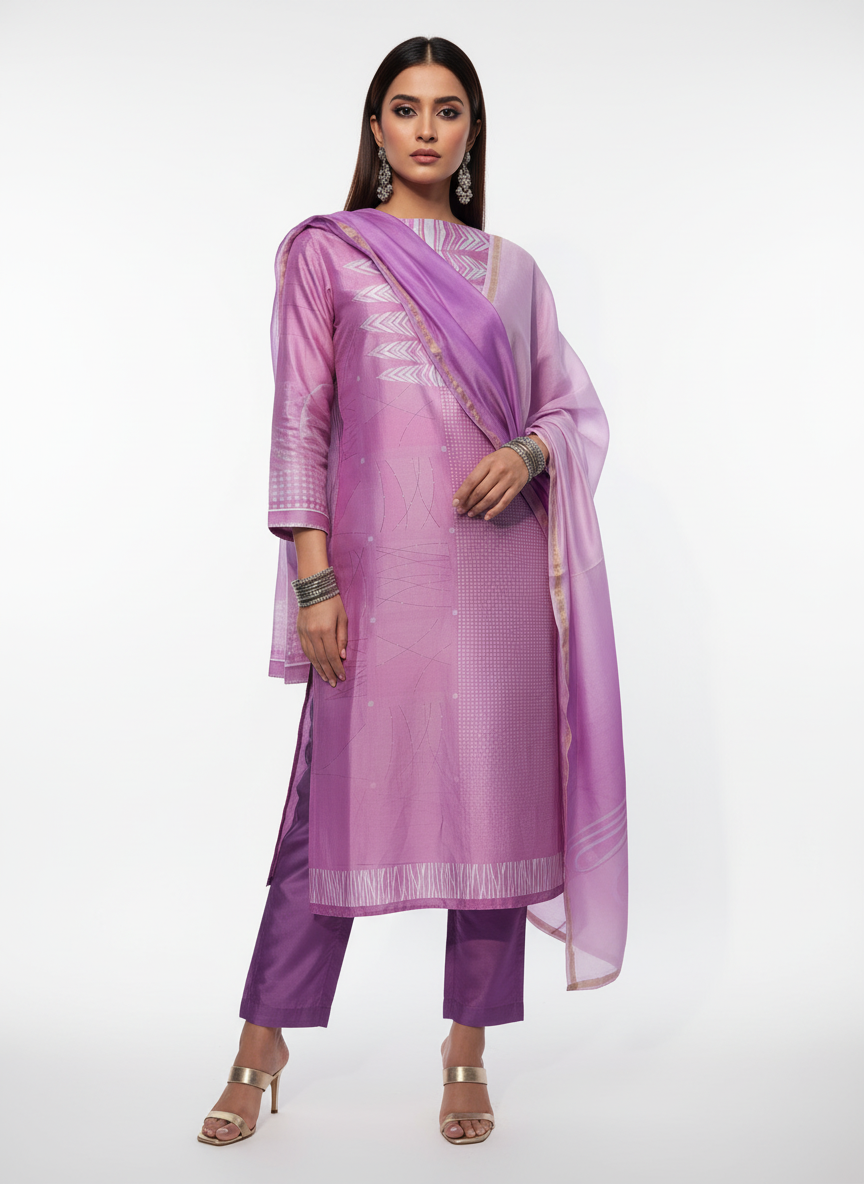 Semi Stitched Chanderi Casual Suitset