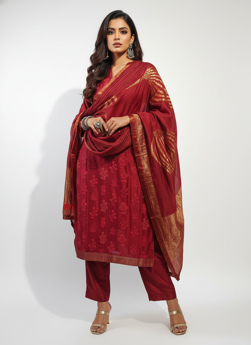 Semi Stitched Formal chanderi Suitset