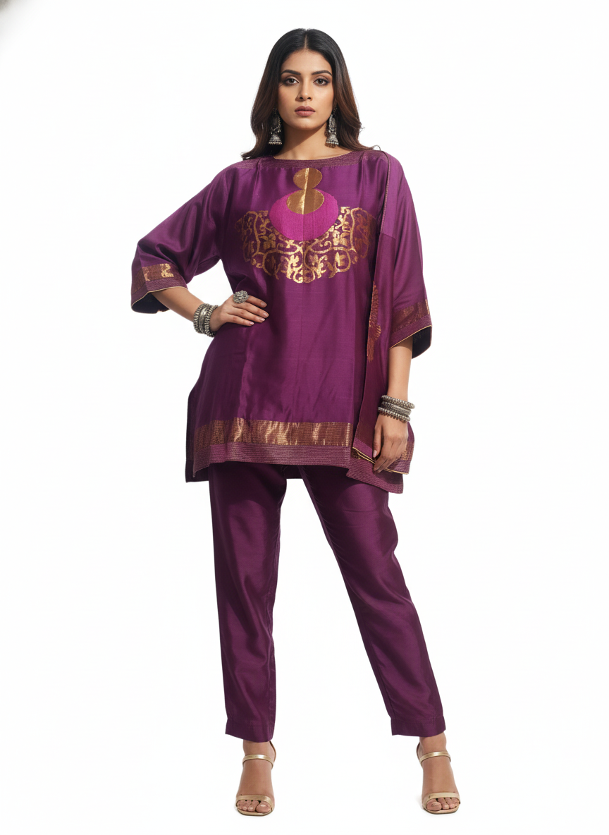 Semi Stitched Chanderi Zariwoven Short Tunic
