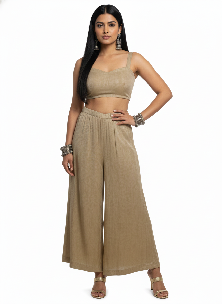 Woman wearing a beige top and plazzo pant on a white background