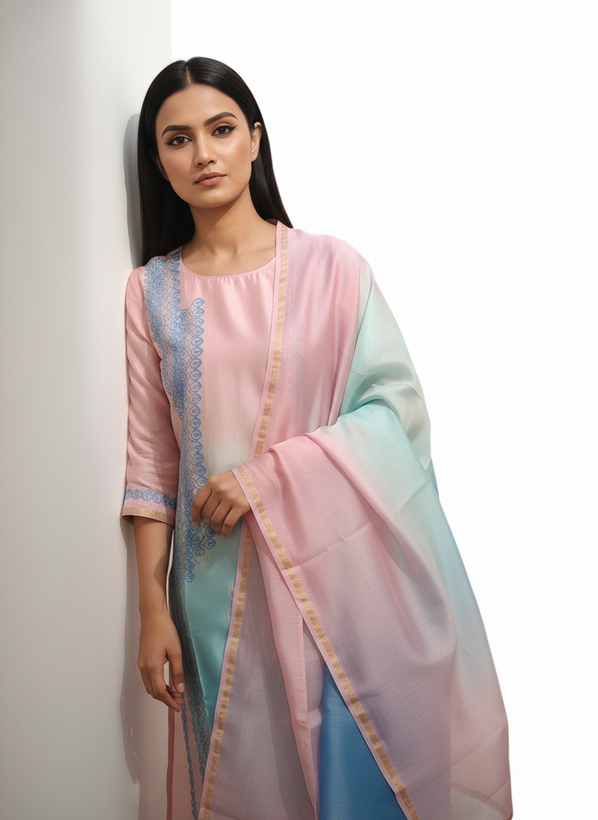 Semi Stitched Chanderi Casual Suitset
