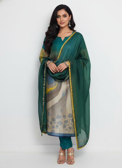 Semi Stitched Chanderi Casual Suitset