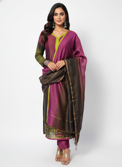 Semi Stitched Chanderi Casual Suitset