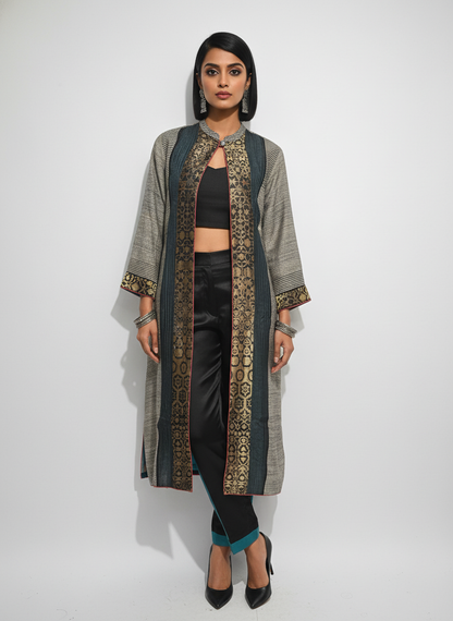 Stitched tassar silk long Jacket