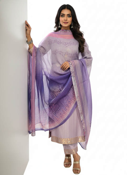 Semi Stitched Chanderi Casual Suitset