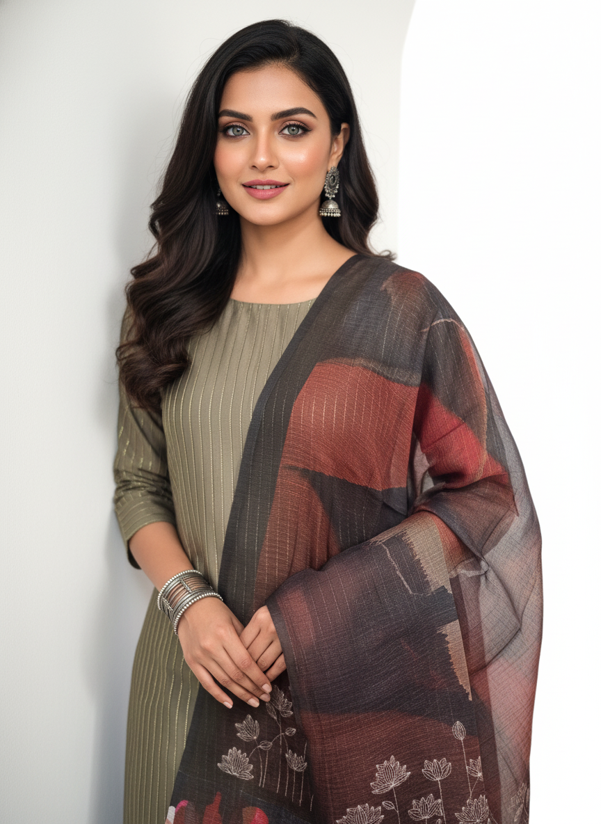 Semi Stitched Chanderi Casual Suitset