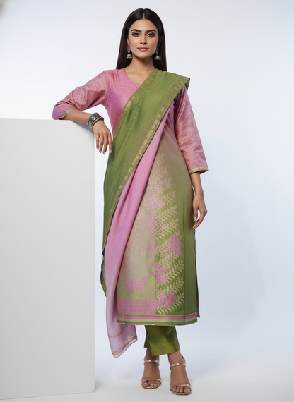 Semi Stitched Chanderi Casual Suitset