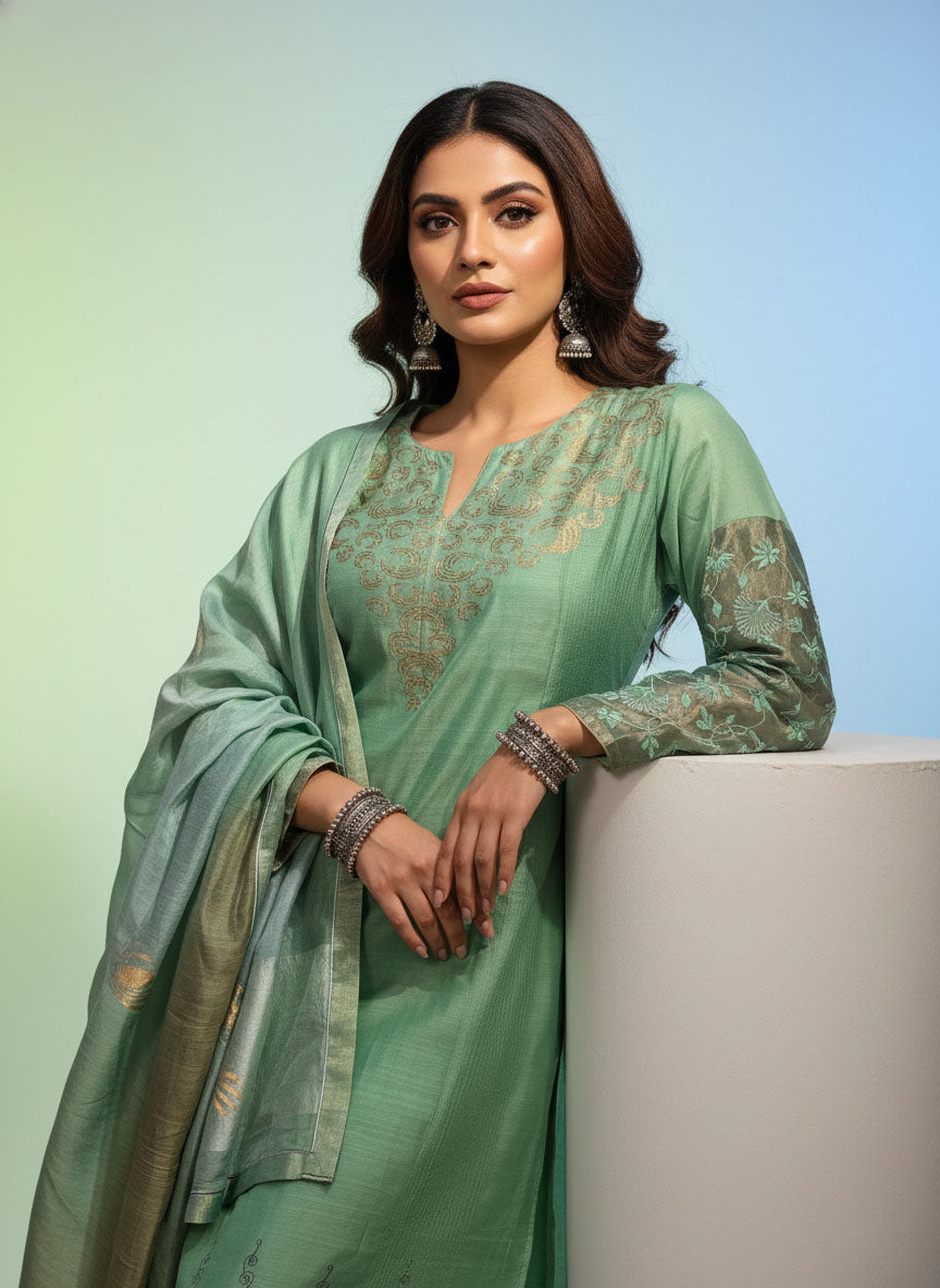 Semi Stitched Formal chanderi Suitset