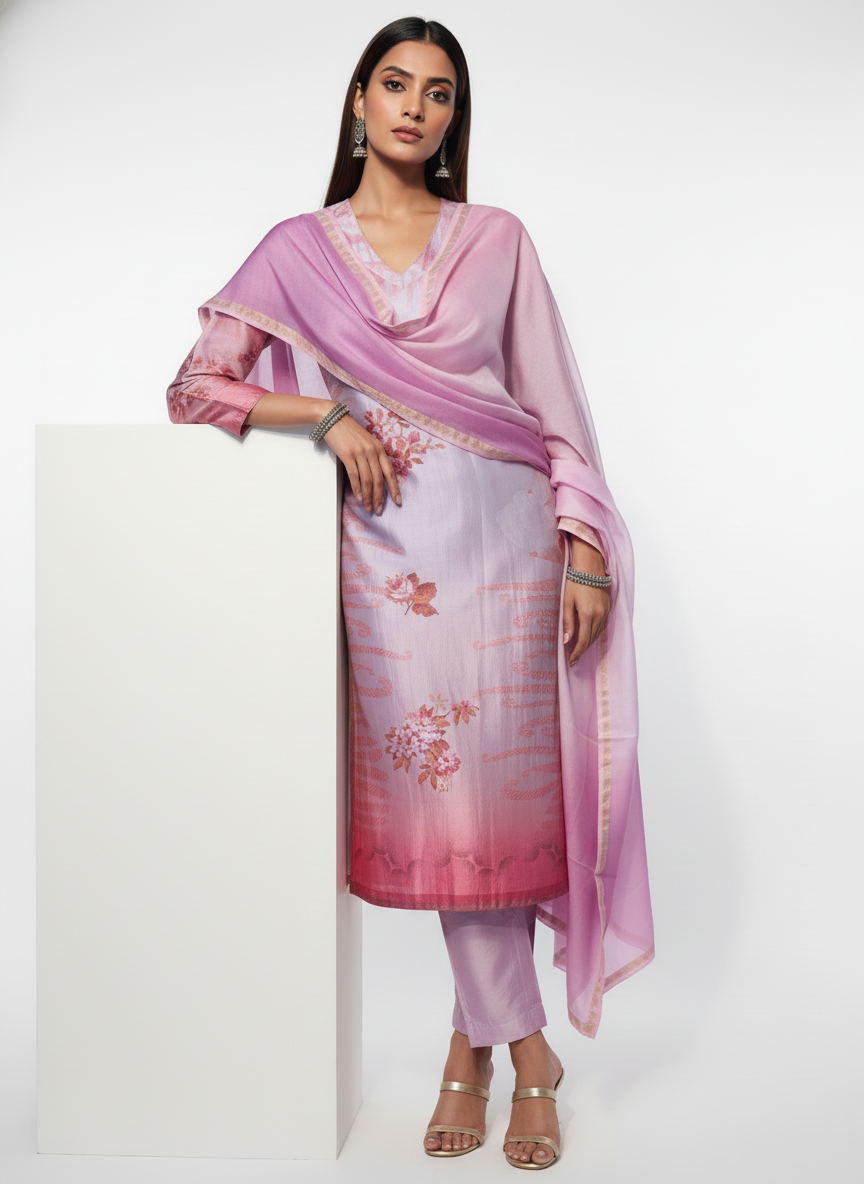 Semi Stitched Chanderi Casual Suitset