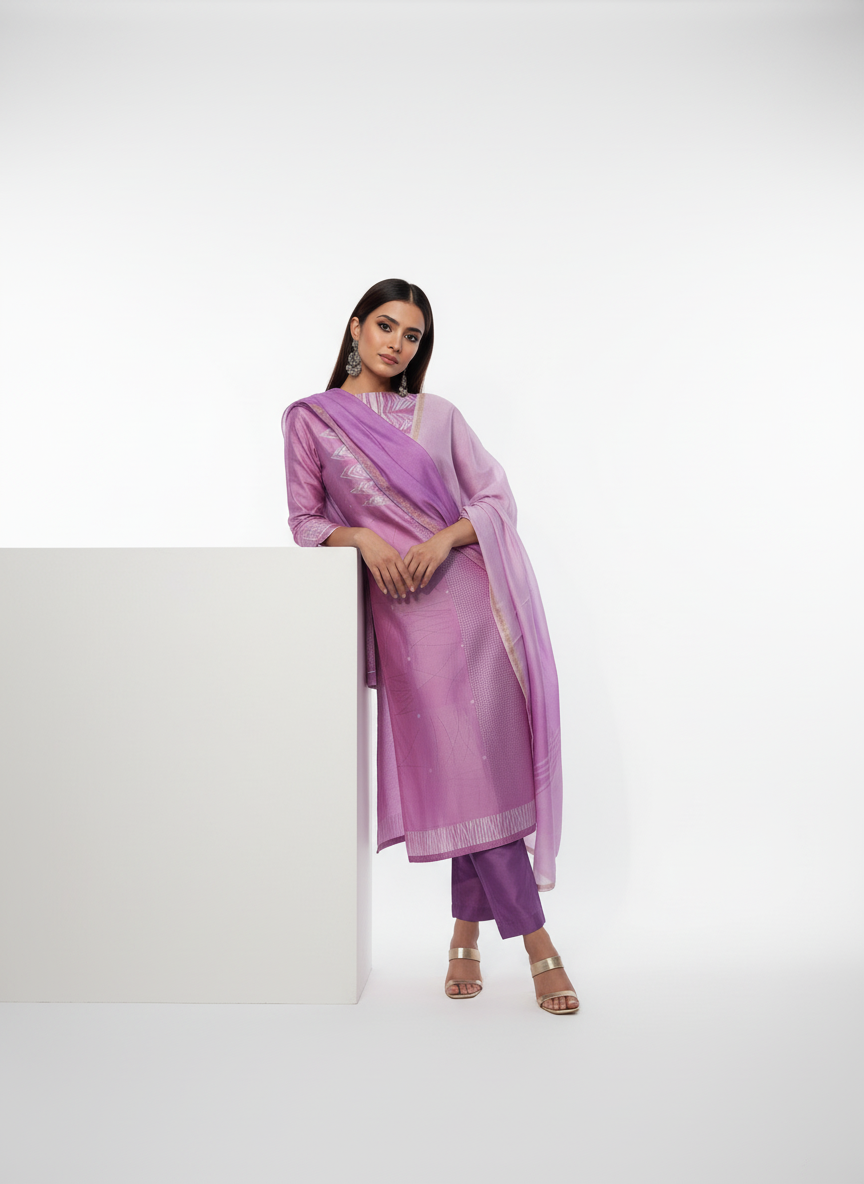Semi Stitched Chanderi Casual Suitset