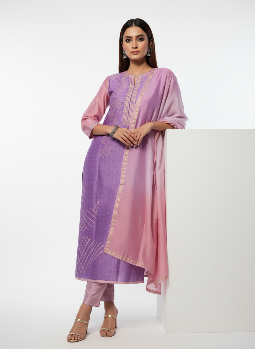 Semi Stitched Chanderi Casual Suitset