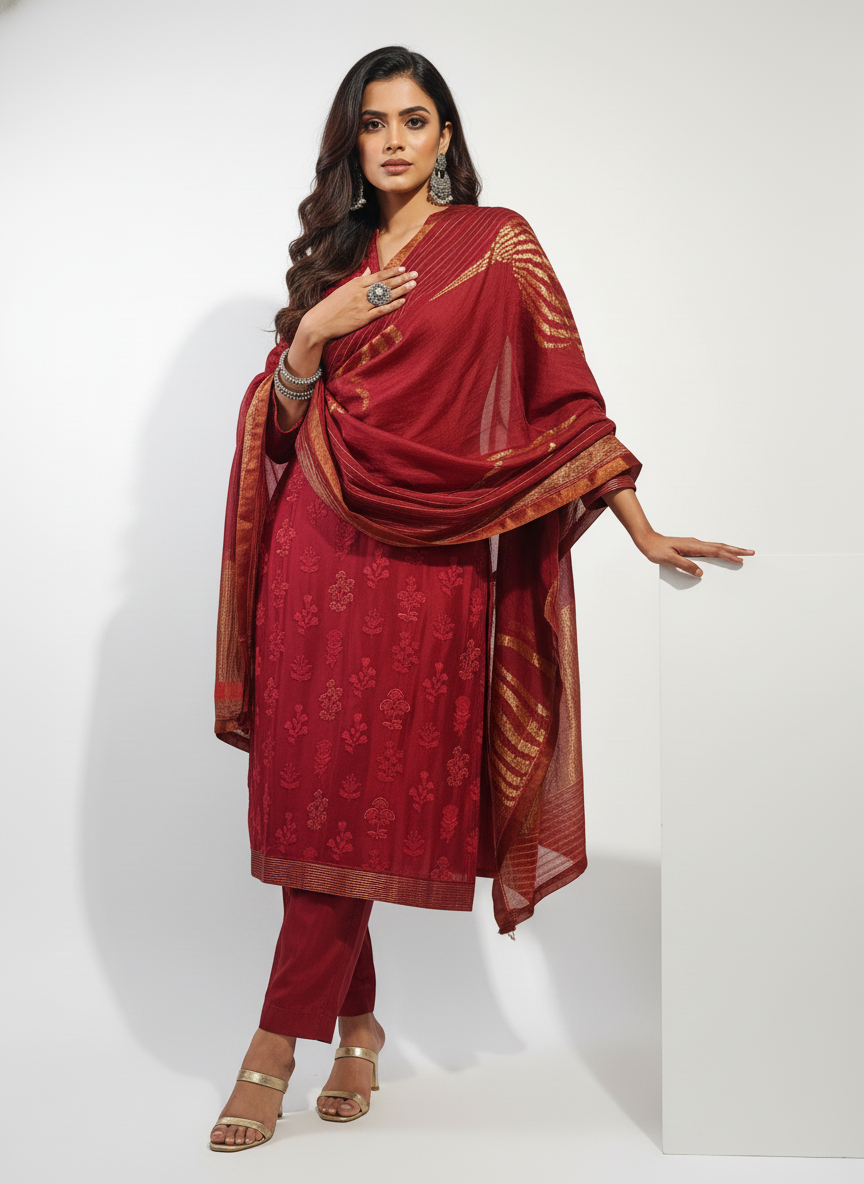 Semi Stitched Formal chanderi Suitset